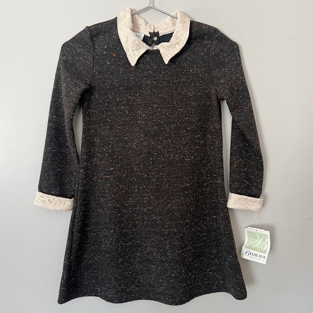 NWT Bonnie Jean Brown Tweed Knit Girls Dress Size 8 Lace Collar A Line Preppy - Picture 11 of 11